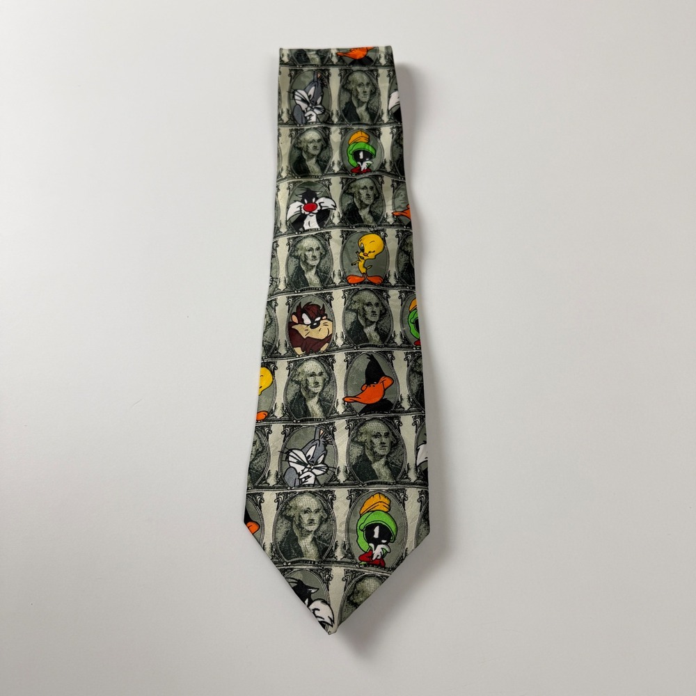 Vintage Looney Tunes Bugs Bunny Daffy Duck Money Print 1997 Polyester‎ Tie